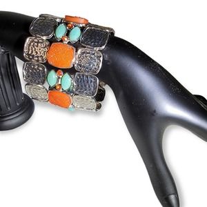 Stretchy bracelet silver orange turquoise colored druzy-style stones rhinestones